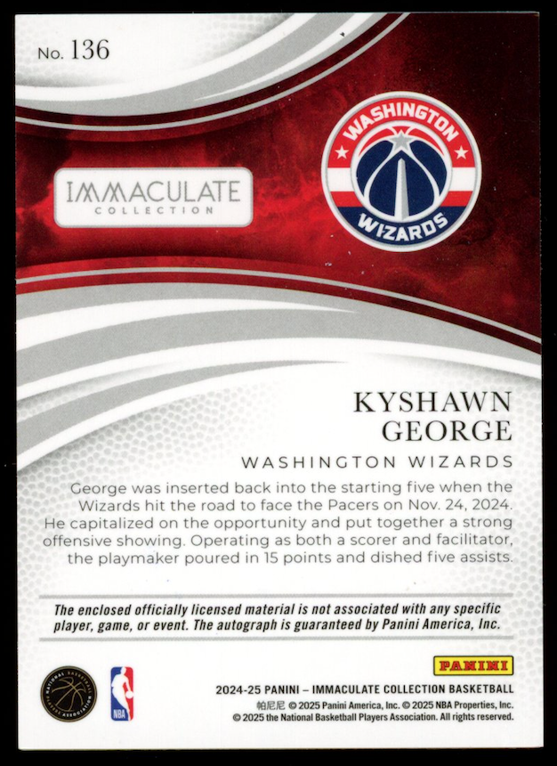 KYSHAWN GEORGE 2024-25 Panini Immaculate Premium Rookie Patch Auto /8 FOTL #136