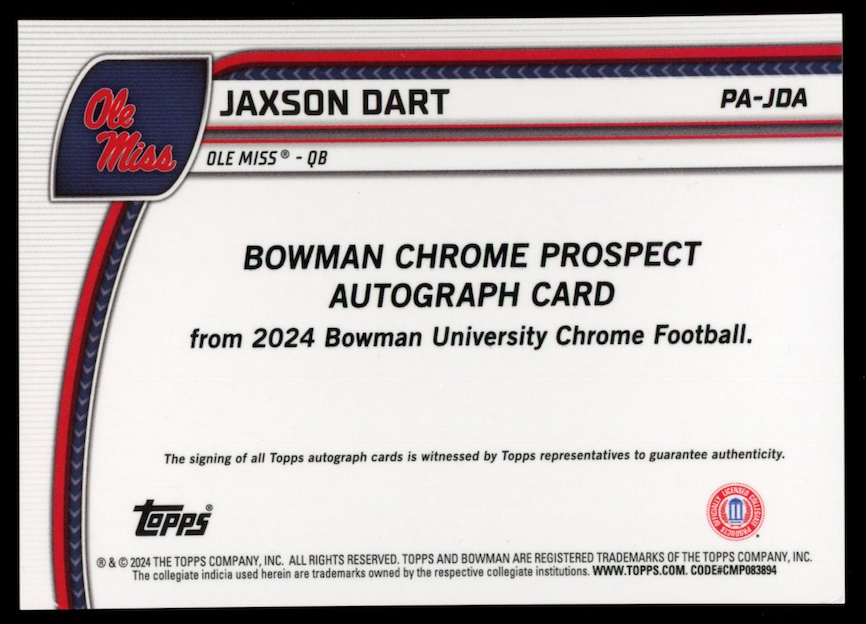 JAXSON DART 2024 Bowman U Chrome Prospect Auto Yellow Refractor /75 #PA-JDA
