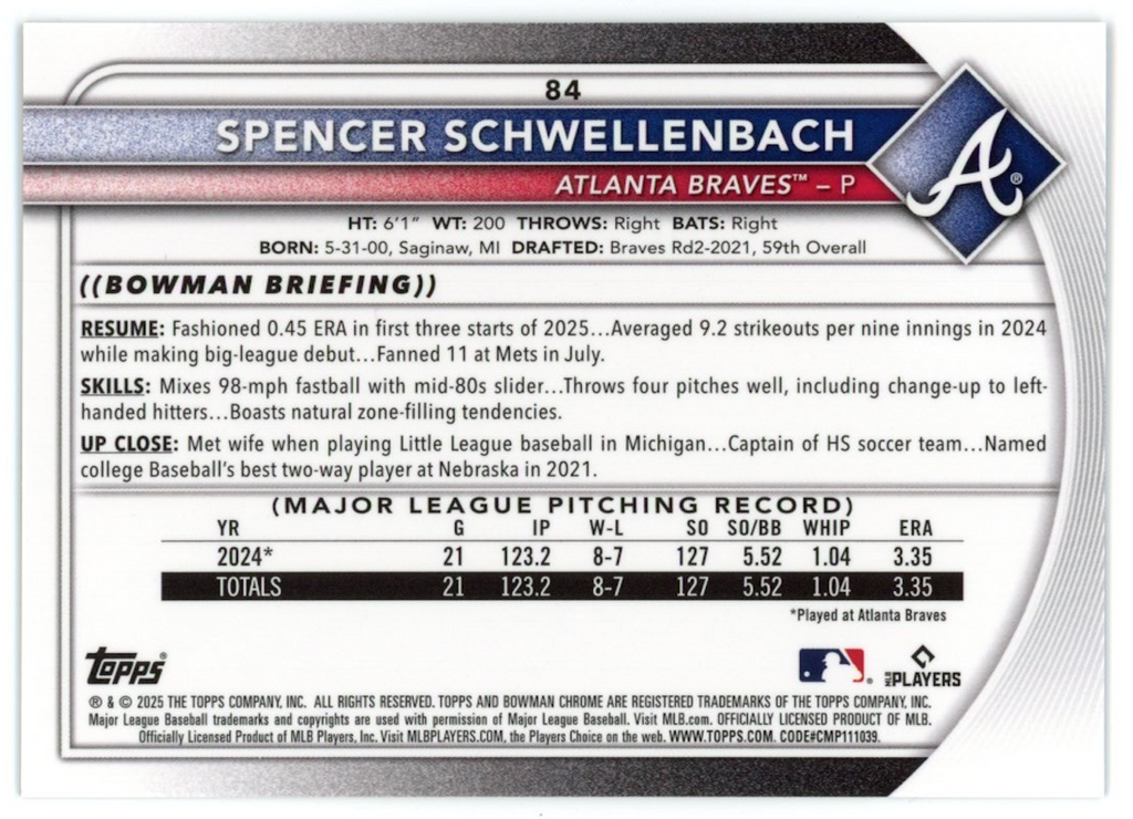 SPENCER SCHWELLENBACH 2025 Bowman Chrome Mega Black Refractor /10 Rookie #84
