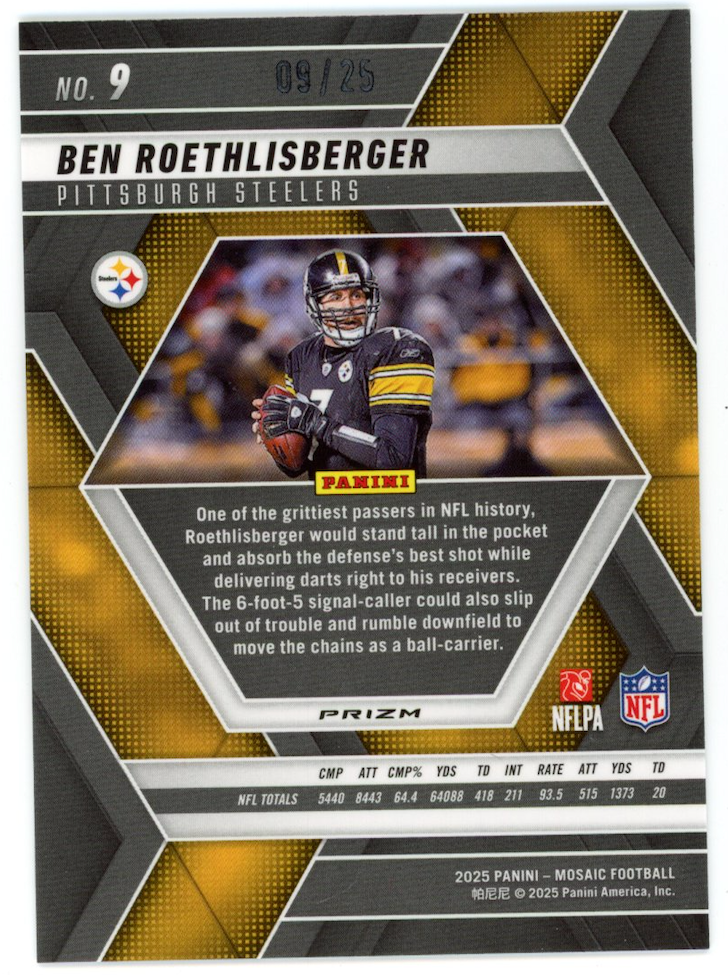 BEN ROETHLISBERGER 2025 Panini Mosaic White Prizm /25 #9 Steelers