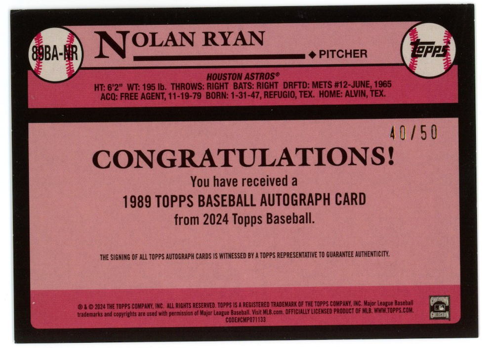 NOLAN RYAN 2024 Topps 1989 35th Anniversary Gold Auto /50 #89BA-NR Astros