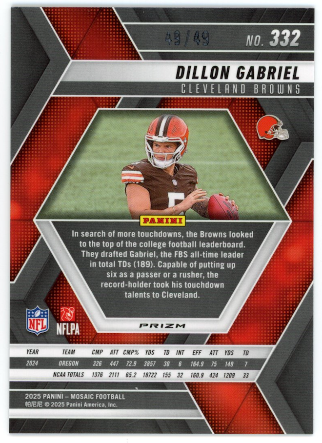 DILLON GABRIEL 2025 Panini Mosaic Rookie Purple Prizm /49 #332 Browns
