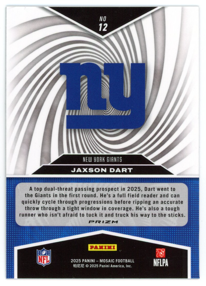 JAXSON DART 2025 Panini Mosaic Storm Silver Prizm Rookie #12 Giants