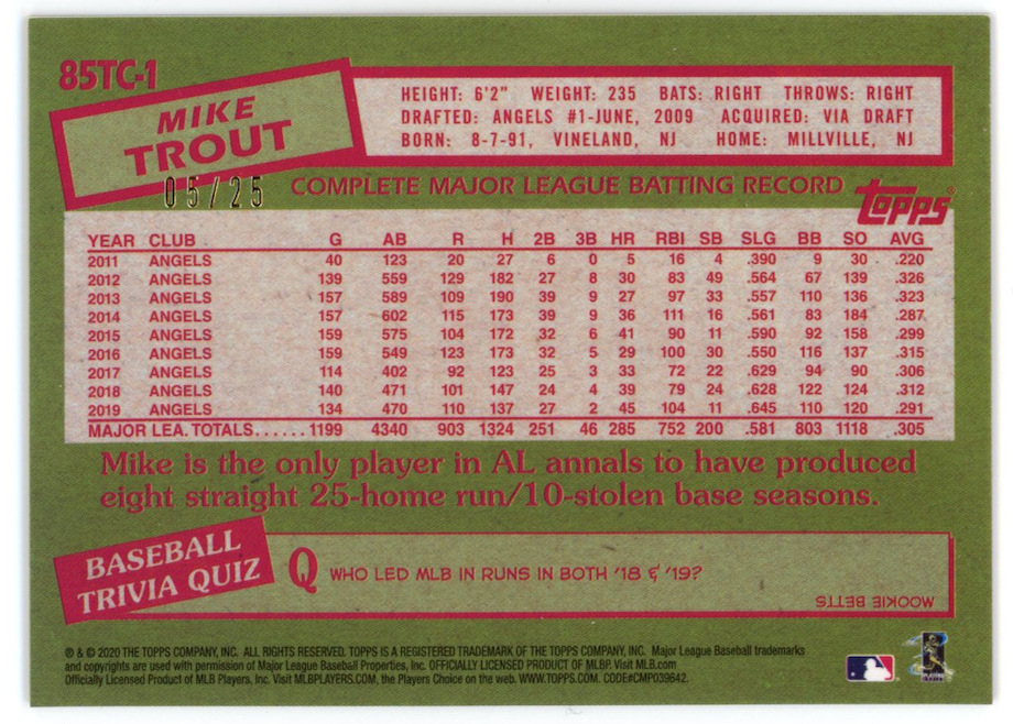 MIKE TROUT 2020 Topps 1985 35th Anniversary Orange Refractor /25 #85TC1 Angels