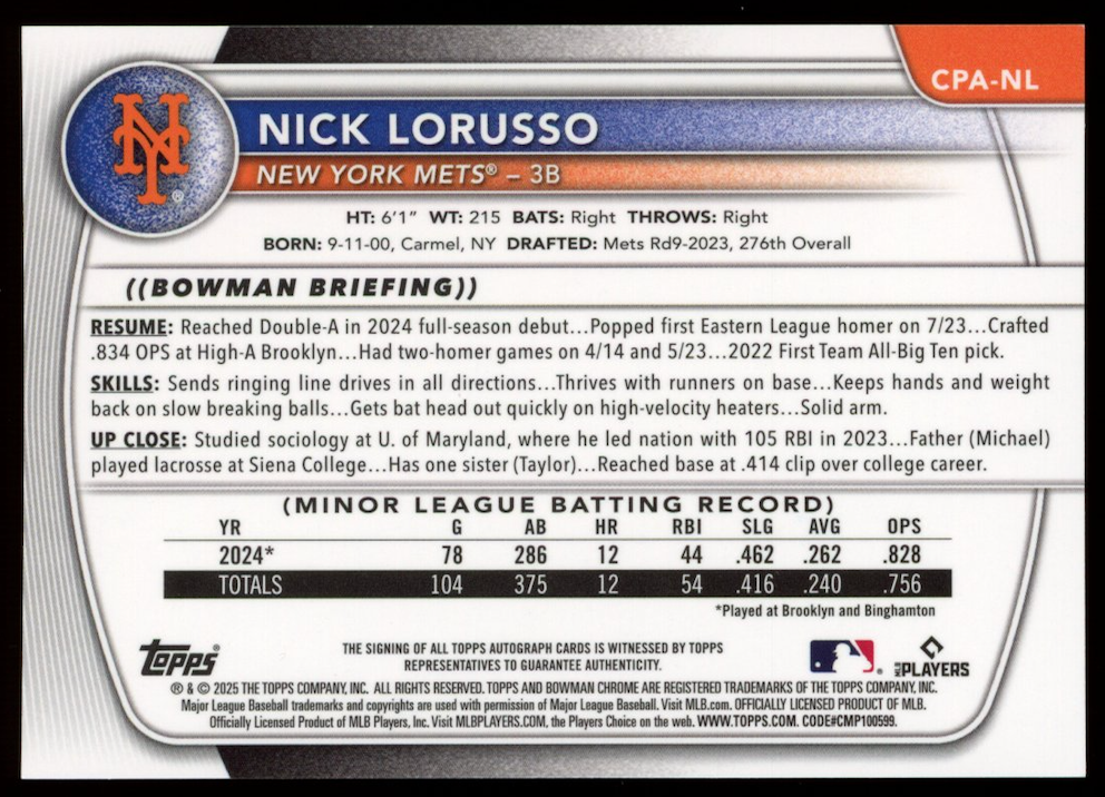 NICK LORUSSO 2025 Bowman Chrome 1st Prospect Green Refractor Auto /99 #CPA-NL