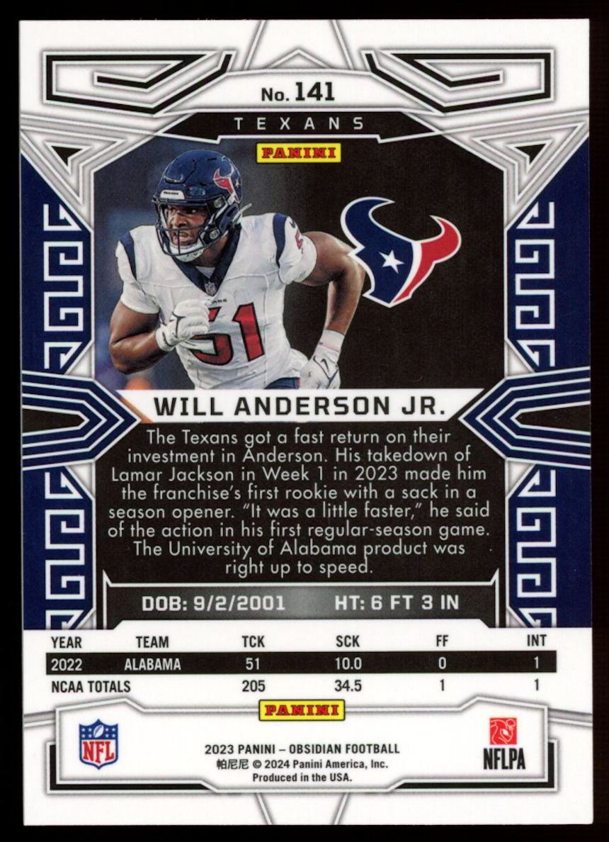 WILL ANDERSON JR. 2024 Panini Obsidian Electric Etch Contra Rookie SSP Texans