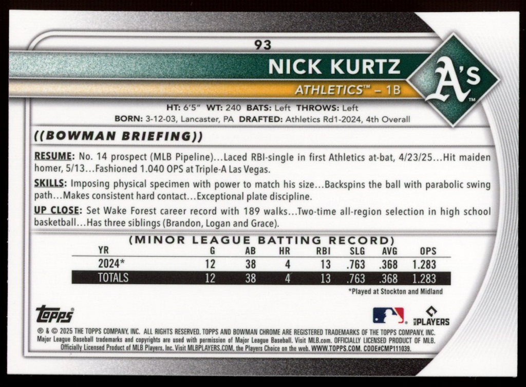 NICK KURTZ 2025 Bowman Chrome Green Mojo Refractor Rookie /99 #93 Athletics