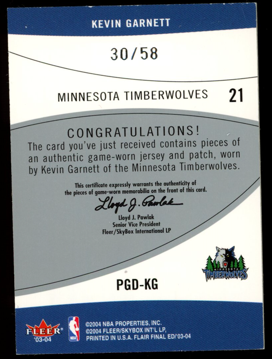 KEVIN GARNETT 2003-04 Fleer Flair Final Edition Power Game Dual Patch /58 #PGDKG