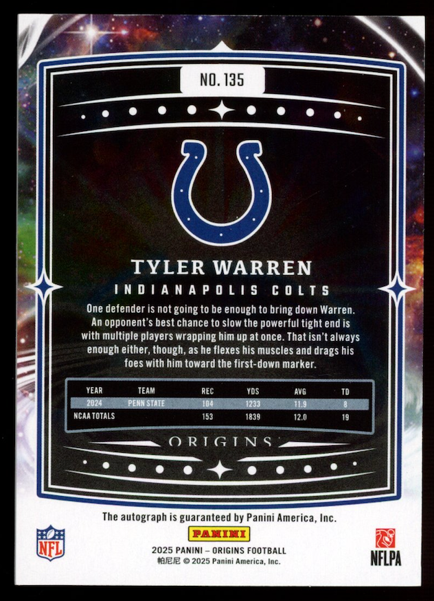 TYLER WARREN 2025 Panini Origins Rookie Auto /99 #135 Colts
