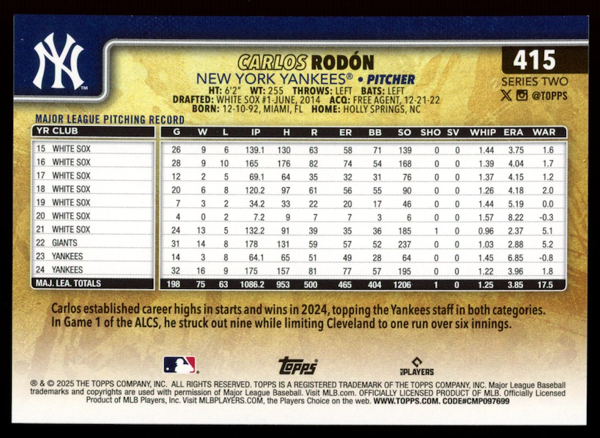 CARLOS RODON 2025 Topps Series 2 Golden Mirror Image Variation SSP #415 Yankees