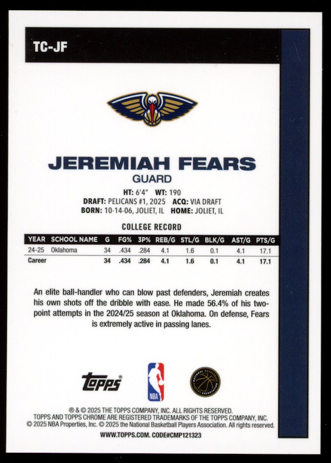 JEREMIAH FEARS 2025-26 Topps Chrome Orange Refractor Rookie /25 #TC-JF Pelicans