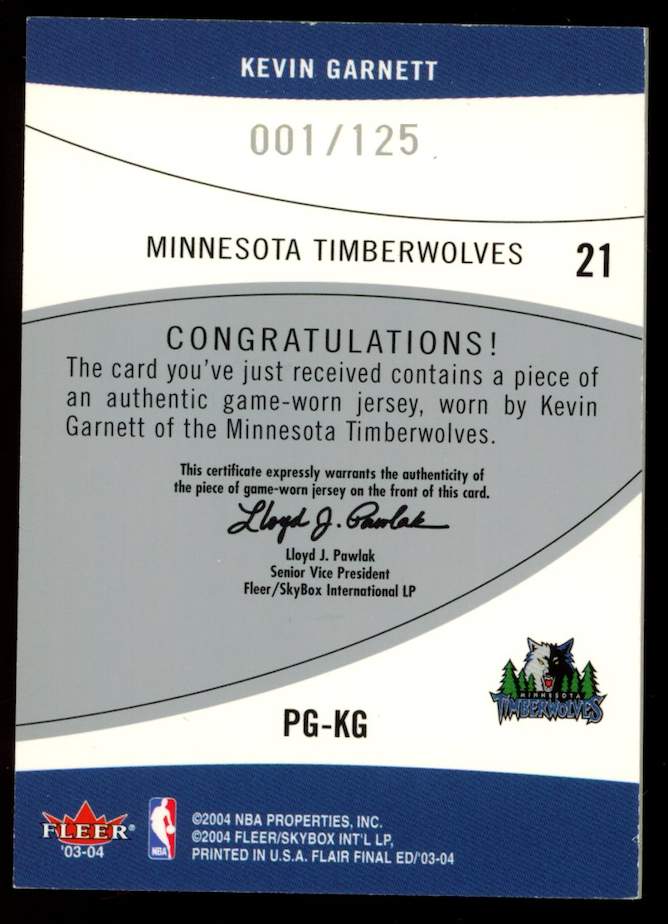 KEVIN GARNETT 2003-04 Fleer Flair Final Edition Power Game Patch /125 #PG-KG