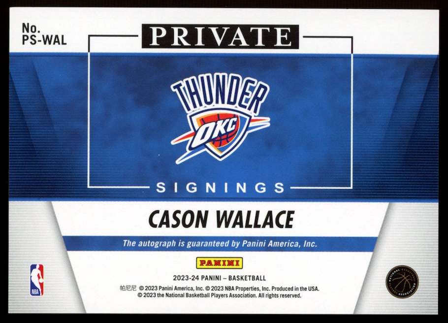 CASON WALLACE 2023-24 Panini Private Signings Rookie Auto #PS-WAL Thunder