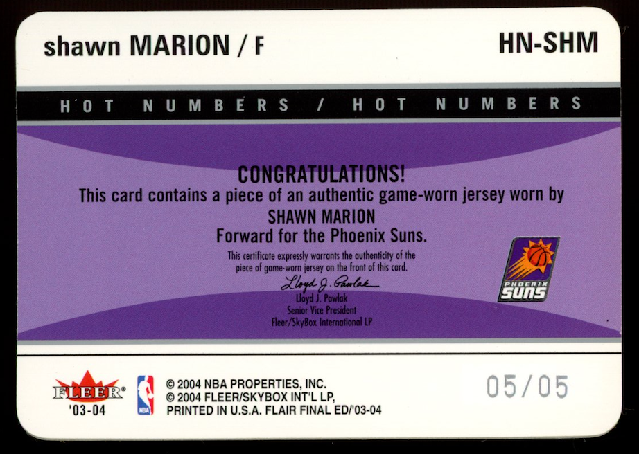 SHAWN MARION 2003-04 Fleer Flair Final Edition Hot Numbers Patch /5 #HN-SHM Suns