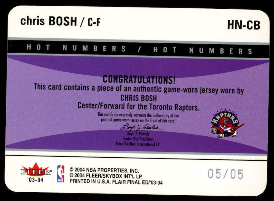 CHRIS BOSH 2003-04 Fleer Flair Final Edition Hot Numbers Patch /5 #HN-CB Raptors