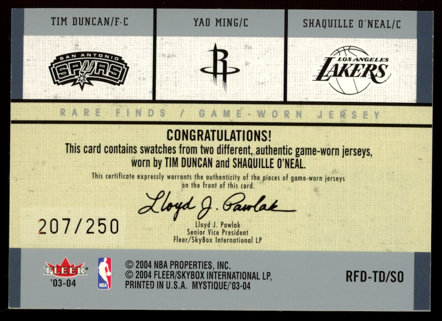 TIM DUNCAN SHAQUILLE O'NEAL 2003-04 Fleer Mystique Rare Finds Dual Patch /250