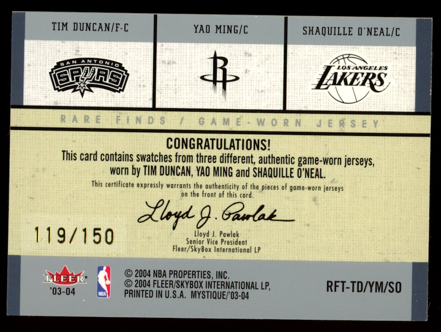 TIM DUNCAN YAO MING O'NEAL 2003-04 Fleer Mystique Rare Finds Triple Patch /150
