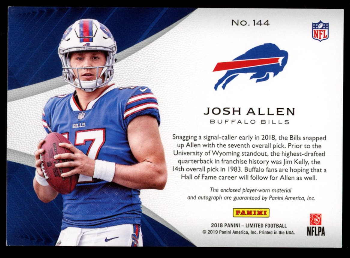 JOSH ALLEN 2018 Panini Limited Rookie Patch Auto Gold Spotlight /20 Bills #144