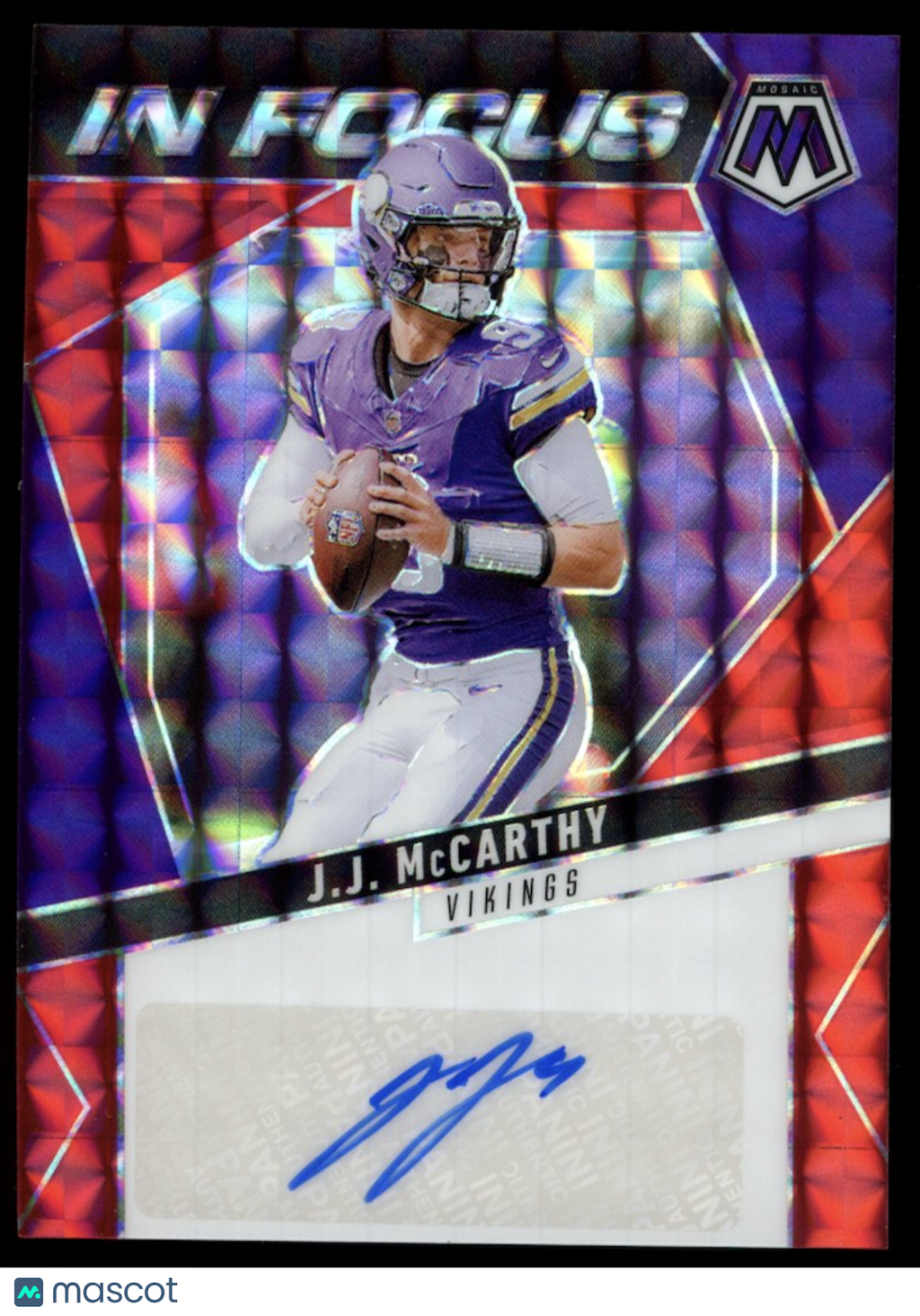 J.J. MCCARTHY 2025 Panini Mosaic In Focus Auto Red Prizm /199 #IFS-JMY Vikings
