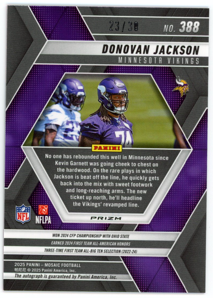 DONOVAN JACKSON 2025 Panini Mosaic Rookie Auto Pink Spectris FOTL /30 #388