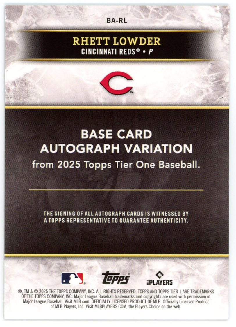 RHETT LOWDER 2025 Topps Tier One Rookie Auto Black /10 #BA-RL Reds