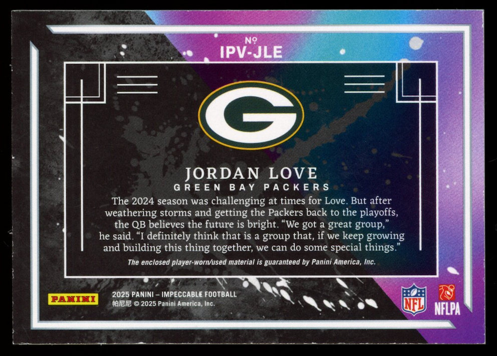 JORDAN LOVE 2025 Panini Impeccable Impatchable Patch /49 #IPV-JLE Packers