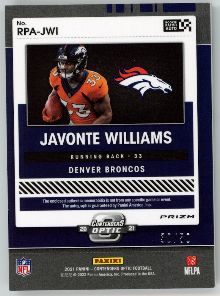JAVONTE WILLIAMS 2022 Panini Contenders Optic Rookie Patch Auto Prizm /50