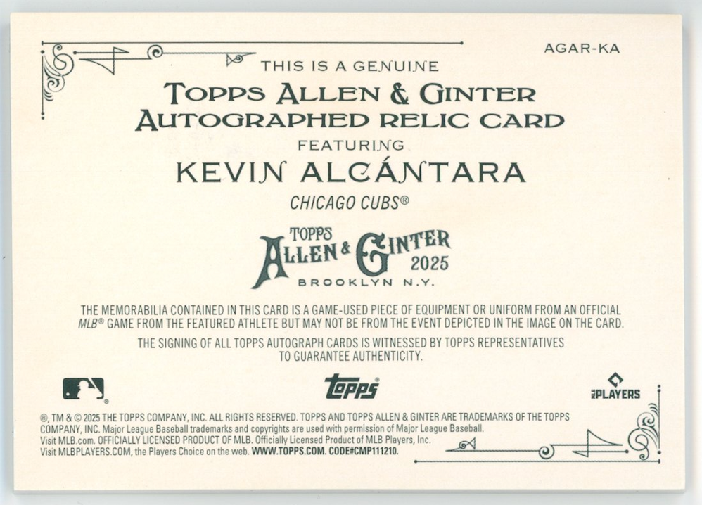KEVIN ALCANTARA 2025 Topps Allen & Ginter Rookie Patch Auto /10 #AGAR-KA Cubs