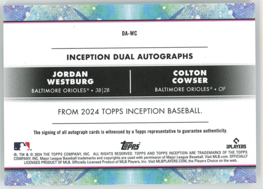 COLTON COWSER JORDAN WESTBURG 2024 Topps Inception Daul Auto /25 #DA-WC Orioles