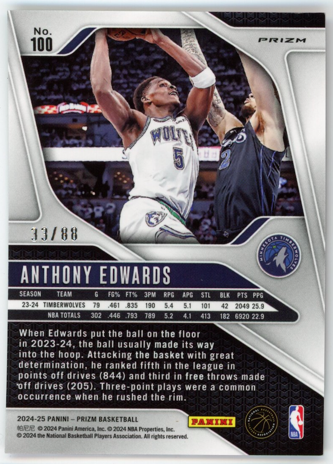 ANTHONY EDWARDS 2024-25 Panini Prizm Year of the Dragon /88 #100 Timberwolves