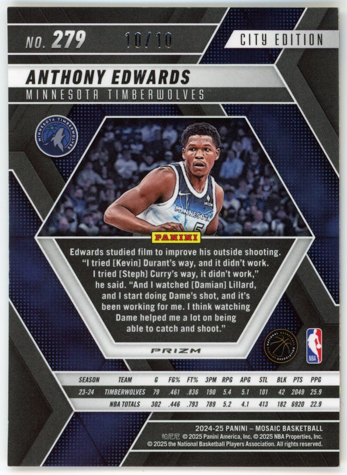ANTHONY EDWARDS 2024-25 Panini Mosaic City Edition Gold Prizm /10 #279