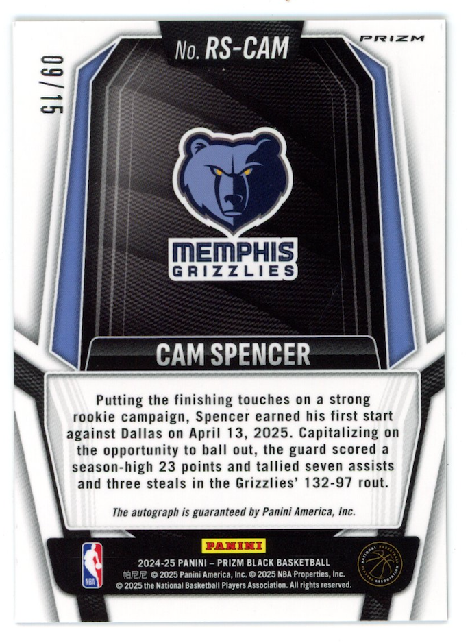 CAM SPENCER 2024-25 Panini Prizm Black Rookie Auto Snakeskin /15 #RS-CAM