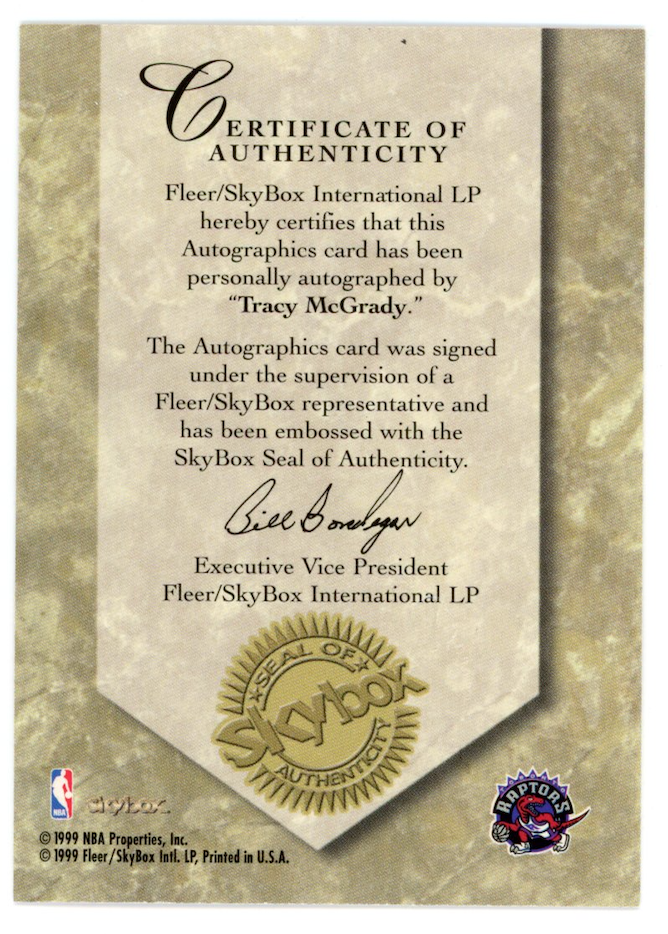 TRACY MCGRADY 1999 Fleer SkyBox Premium Autographics On Card Auto Raptors