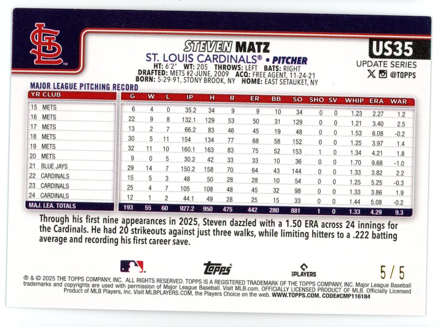 STEVEN MATZ 2025 Topps Update Series Diamante Red /5 #US35 Cardinals