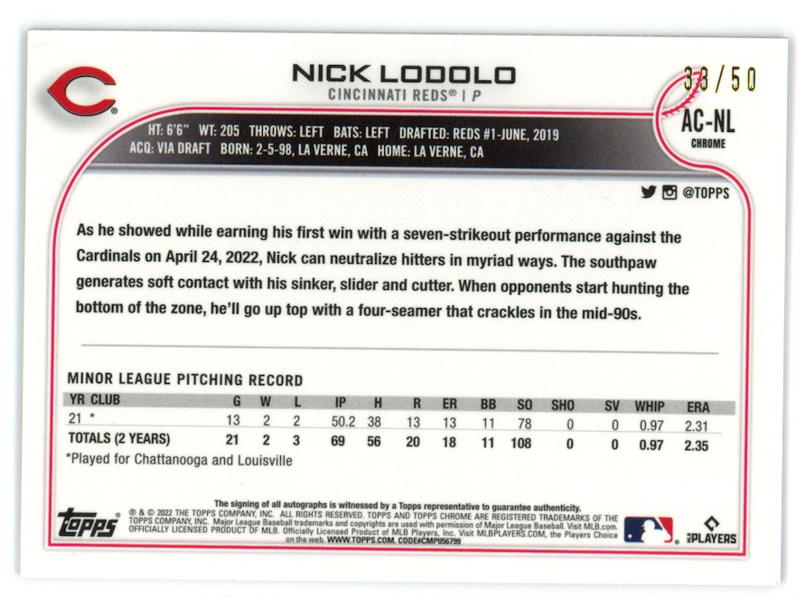 NICK LODOLO 2022 Topps Chrome Rookie Auto Gold Refractor /50 #AC-NL Reds