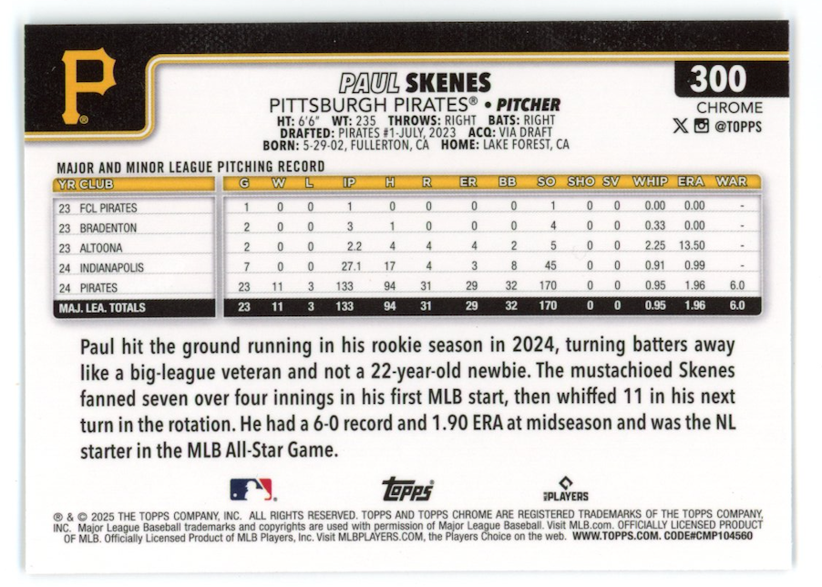 PAUL SKENES 2025 Topps Chrome Logofractor Image Variation #300 Pirates