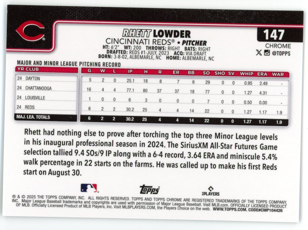 RHETT LOWDER 2025 Topps Chrome Logofractor Rookie Black Refractor /10 #147 Reds