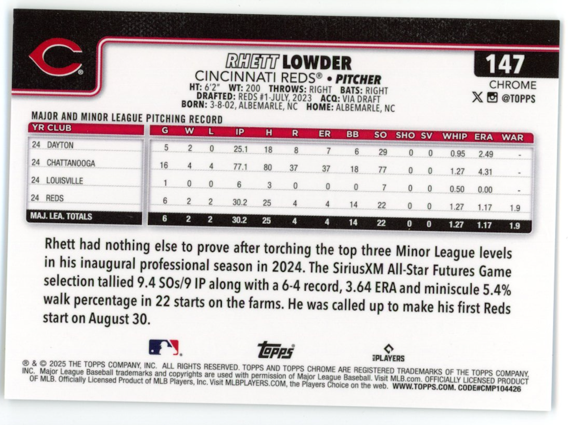 RHETT LOWDER 2025 Topps Chrome Logofractor Rookie Black Refractor /10 #147 Reds