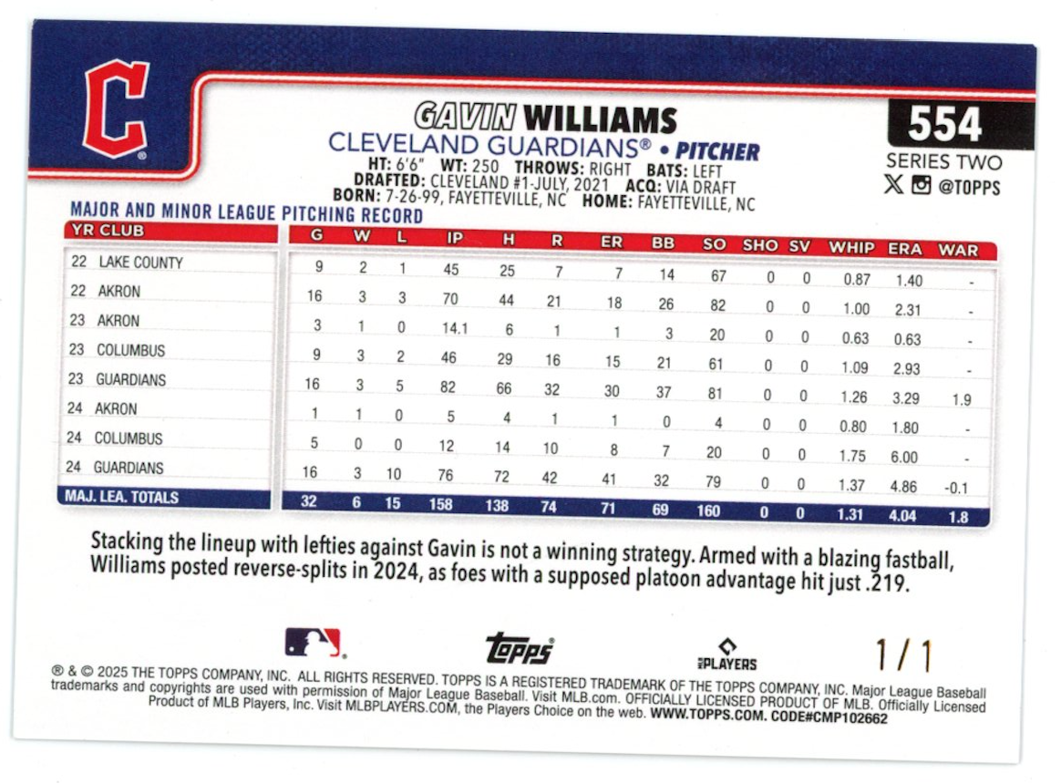 GAVIN WILLIAMS 2025 Topps Series 2 Future Stars FoilFractor 1/1 #554 Guardians