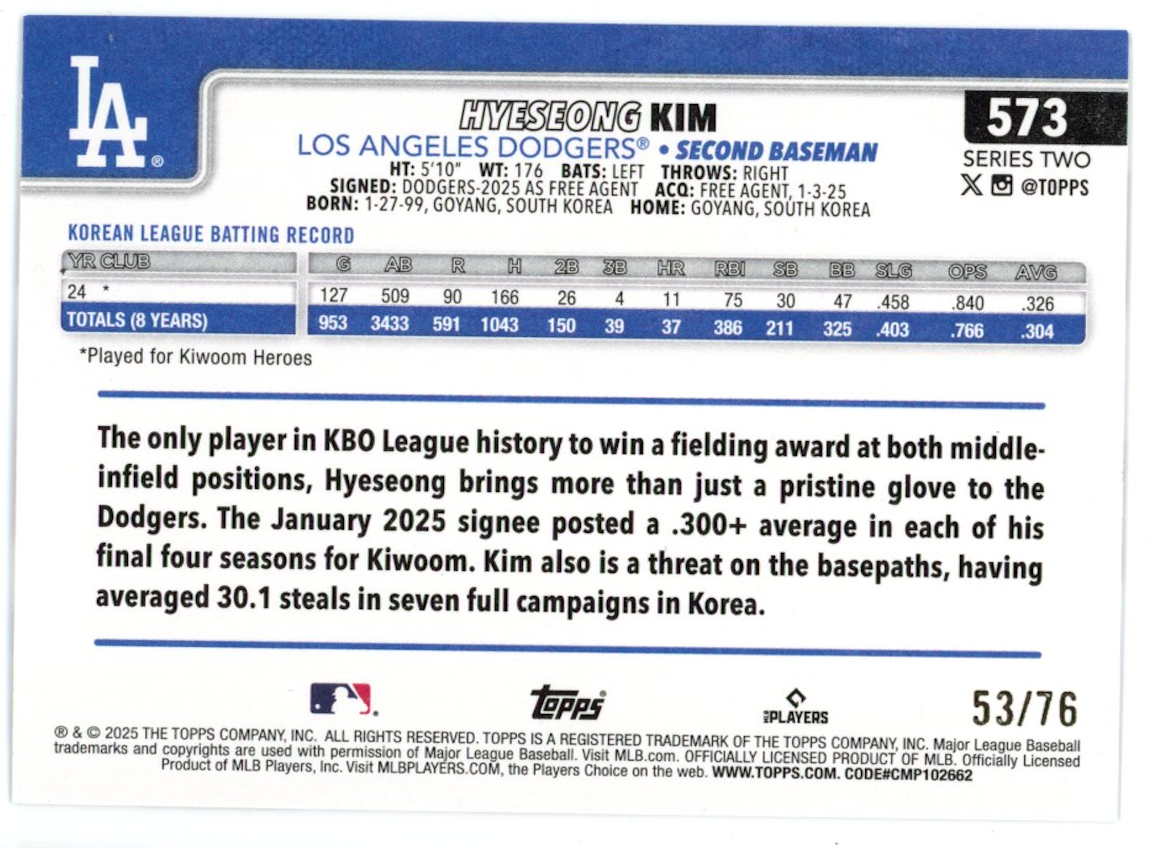 HYESEONG KIM 2025 Topps Series 2 Independence Day Rookie /76 Dodgers #573