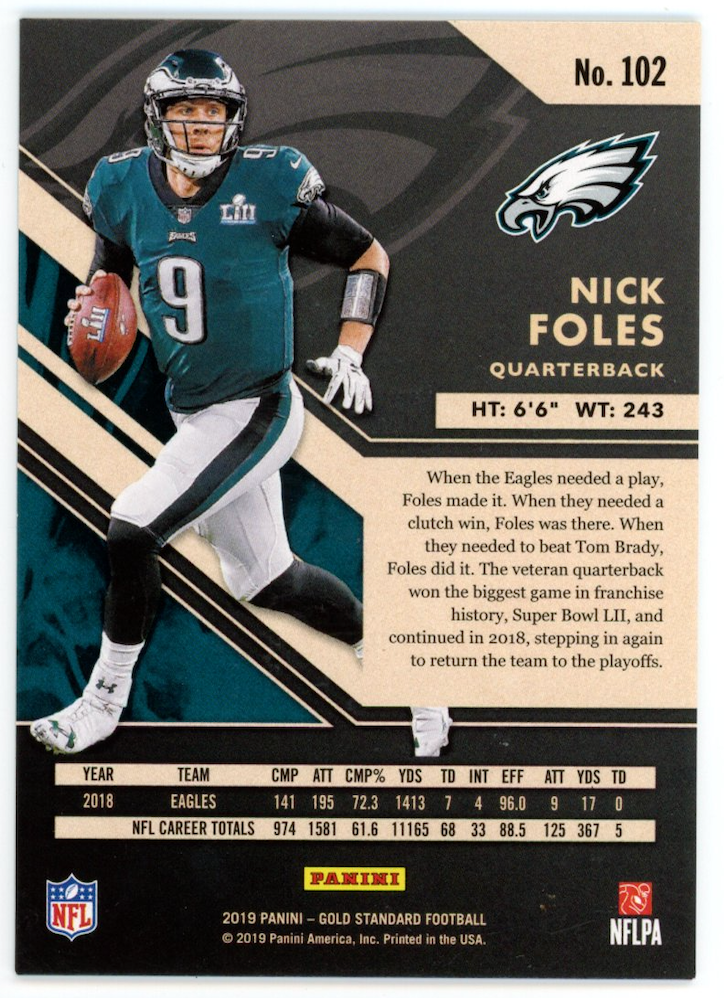 NICK FOLES 2019 Panini Gold Standard Super Bowl Jersey /99 #102 Eagles