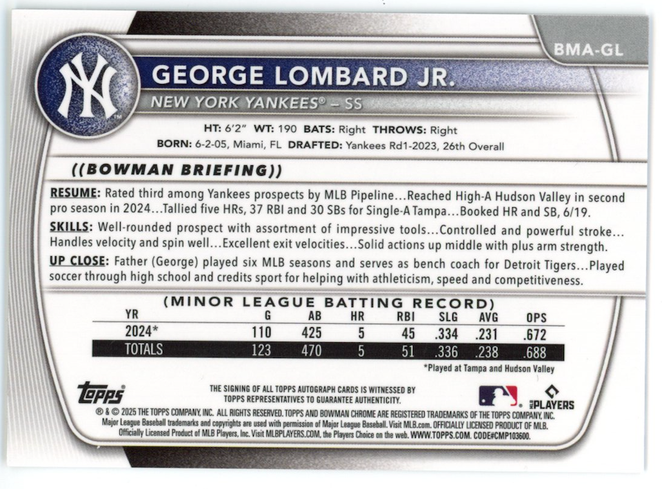 GEORGE LOMBARD JR. 2025 Bowman Chrome Mega Box Mojo Auto #BMA-GL Yankees