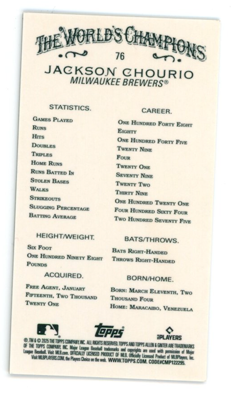 JACKSON CHOURIO 2025 Topps Allen & Ginter Chrome Gold Mini /50 #76 Brewers