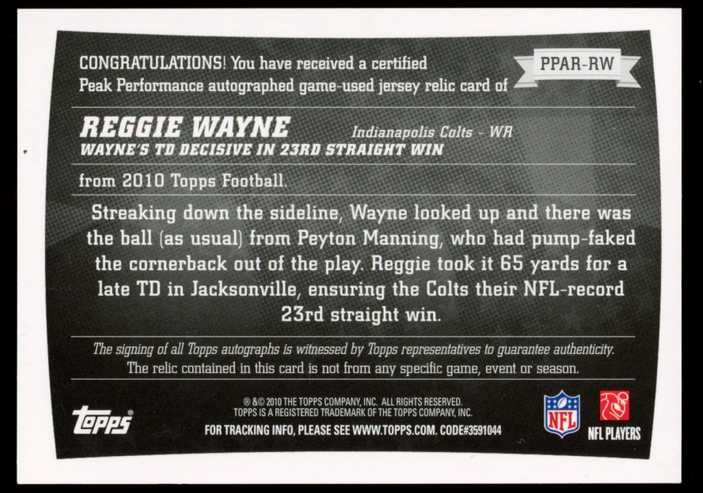REGGIE WAYNE 2010 Topps Peak Performance Patch Auto /50 #PPAR-RW Colts