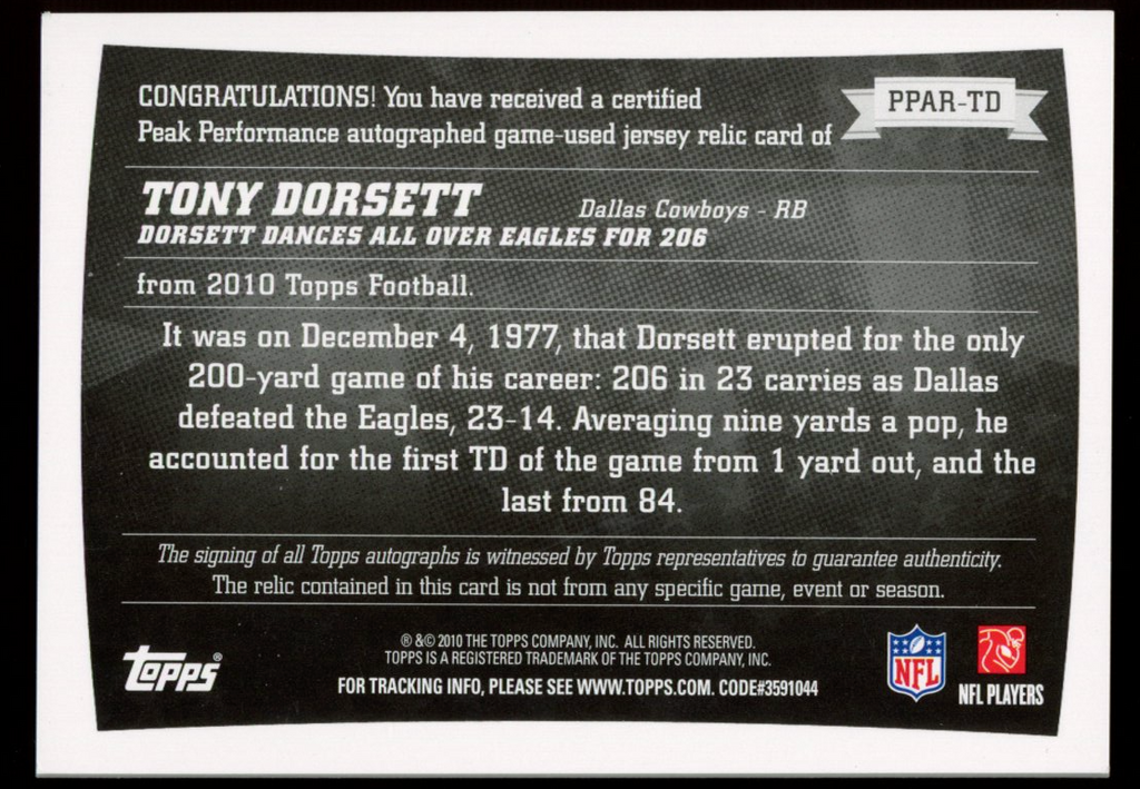 TONY DORSETT 2010 Topps Peak Performance Patch Auto /50 #PPAR-TD Cowboys