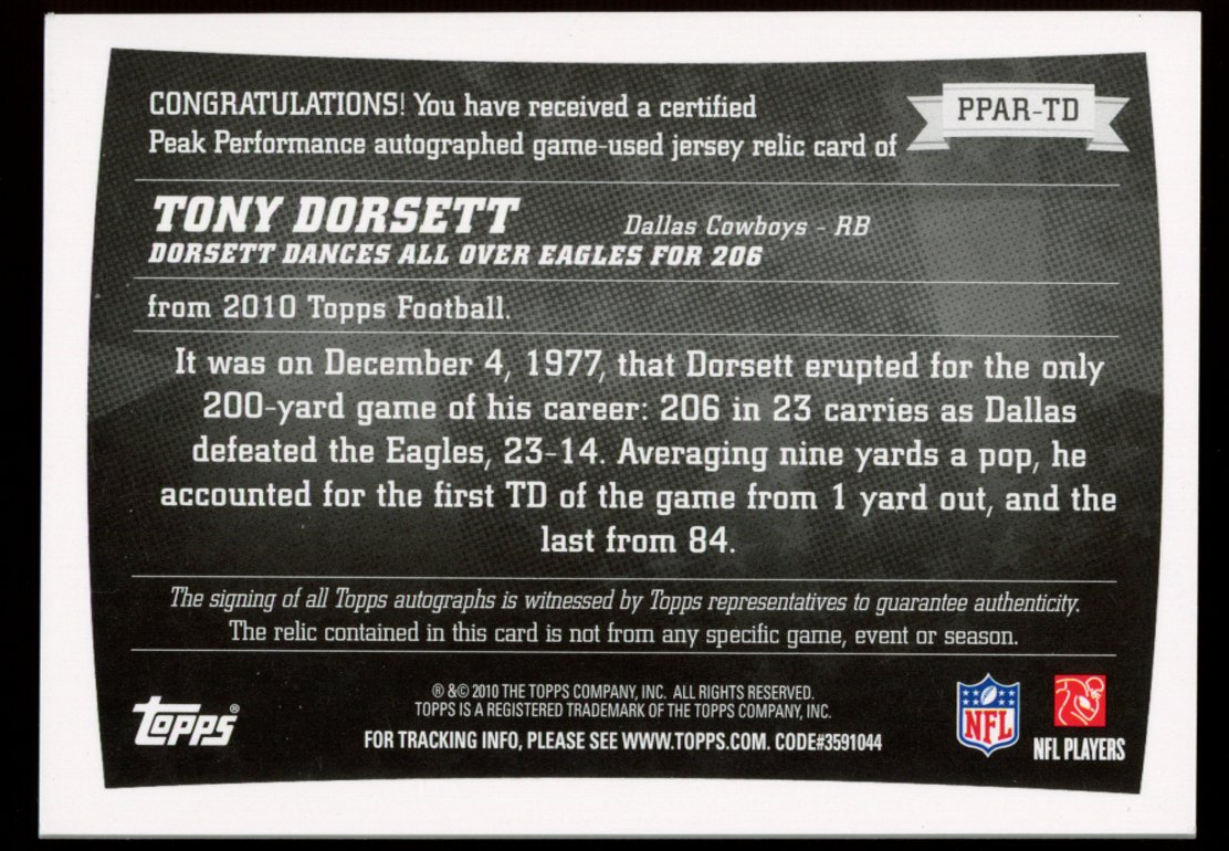 TONY DORSETT 2010 Topps Peak Performance Patch Auto /50 #PPAR-TD Cowboys