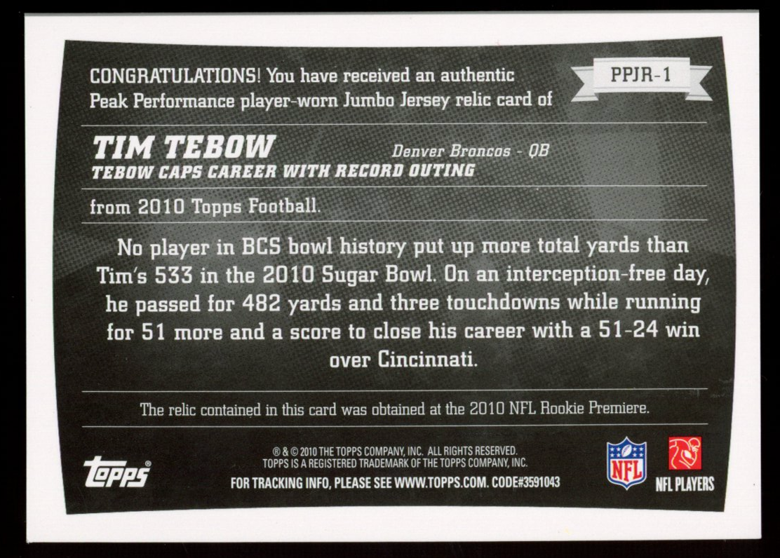 TIM TEBOW 2010 Topps Peak Performance Rookie Jumbo Patch /20 #PPJR-1 Broncos