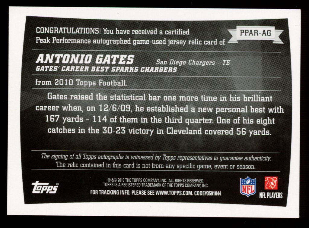 ANTONIO GATES 2010 Topps Peak Performance Patch Auto /50 #PPAR-AG Chargers