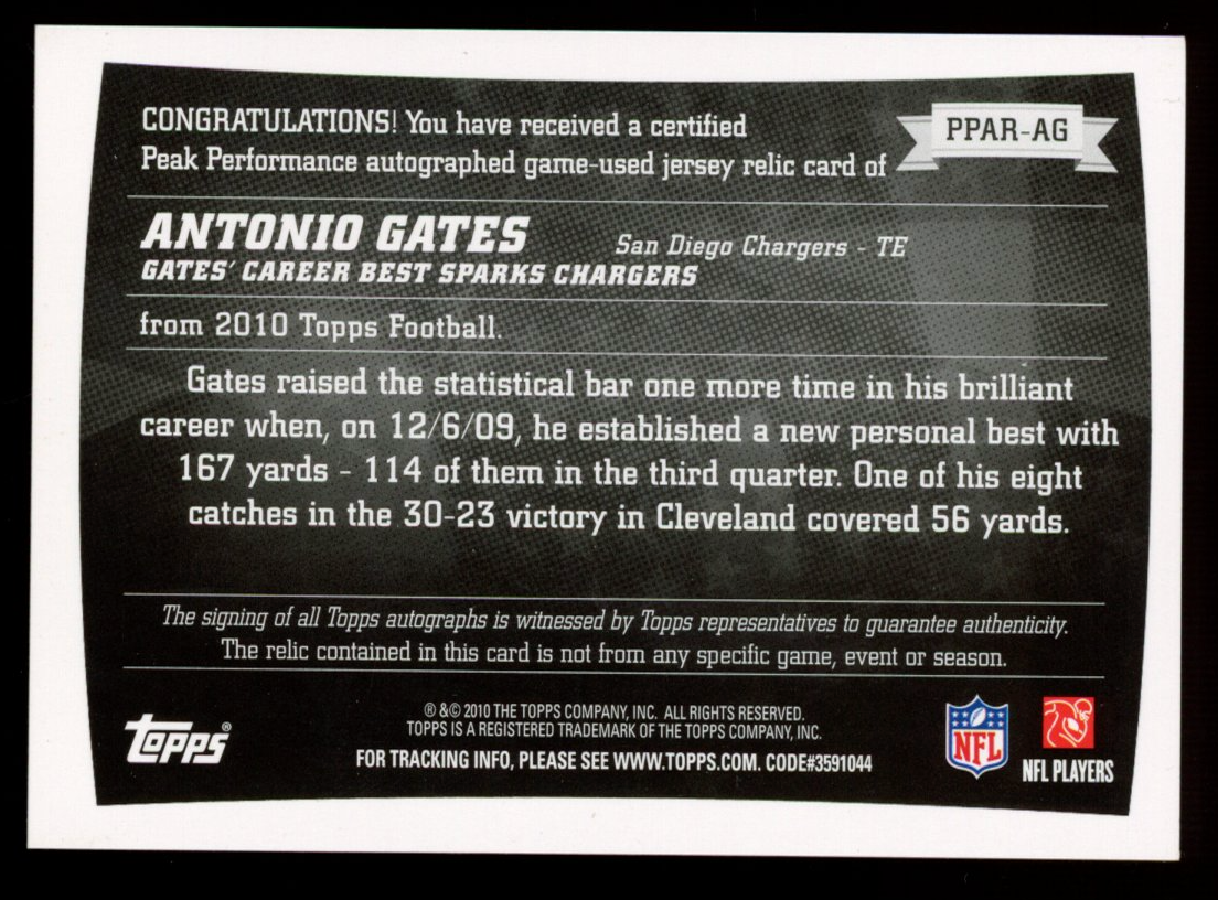 ANTONIO GATES 2010 Topps Peak Performance Patch Auto /50 #PPAR-AG Chargers
