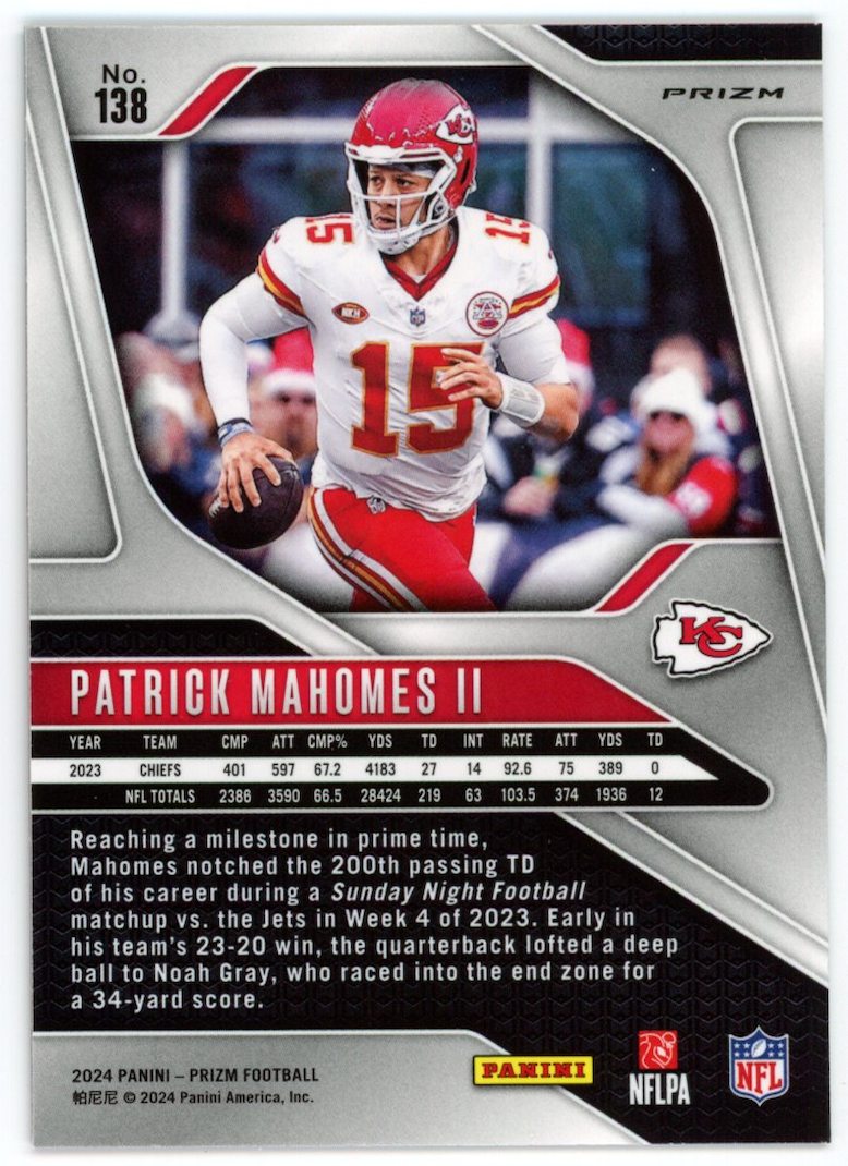 PATRICK MAHOMES II 2024 Panini Prizm Red Sparkle SSP #138 Kansas City Chiefs